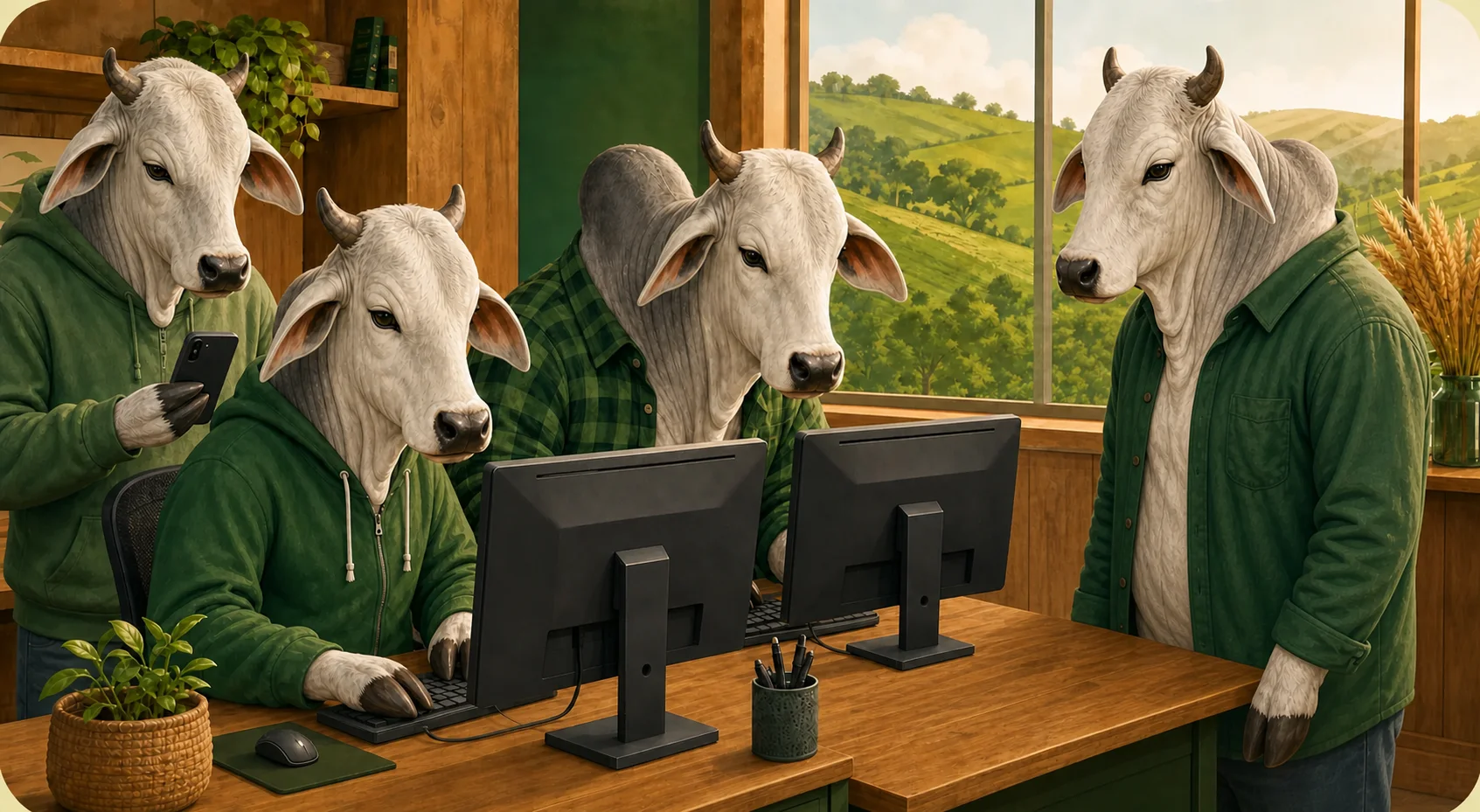 Quatro vacas da raça Nelore em um escritório de programação: duas programando, uma testando pelo celular e outra observando em pé